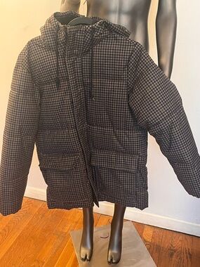 Mens Hooded Puffer Coat in Brown Plaid